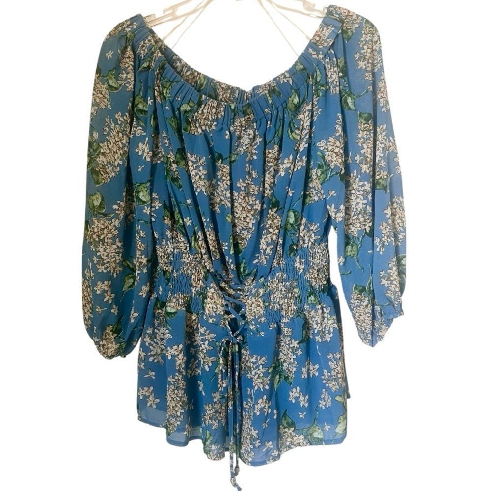 Entro Blue Floral Blueprint Off Shoulder Cottagecore Bohemian Romantic Blouse L